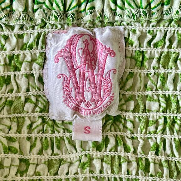 Elizabeth Wilson 100% Cotton Green White Smocked Ruched Floral Maxi Dress Small - Picture 8 of 9